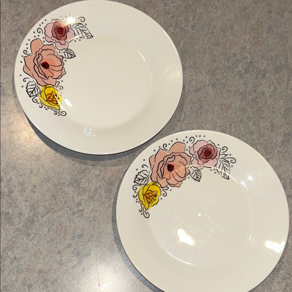 Floral Patterned salad Plates - White with Multicolor Design. 2 for $12